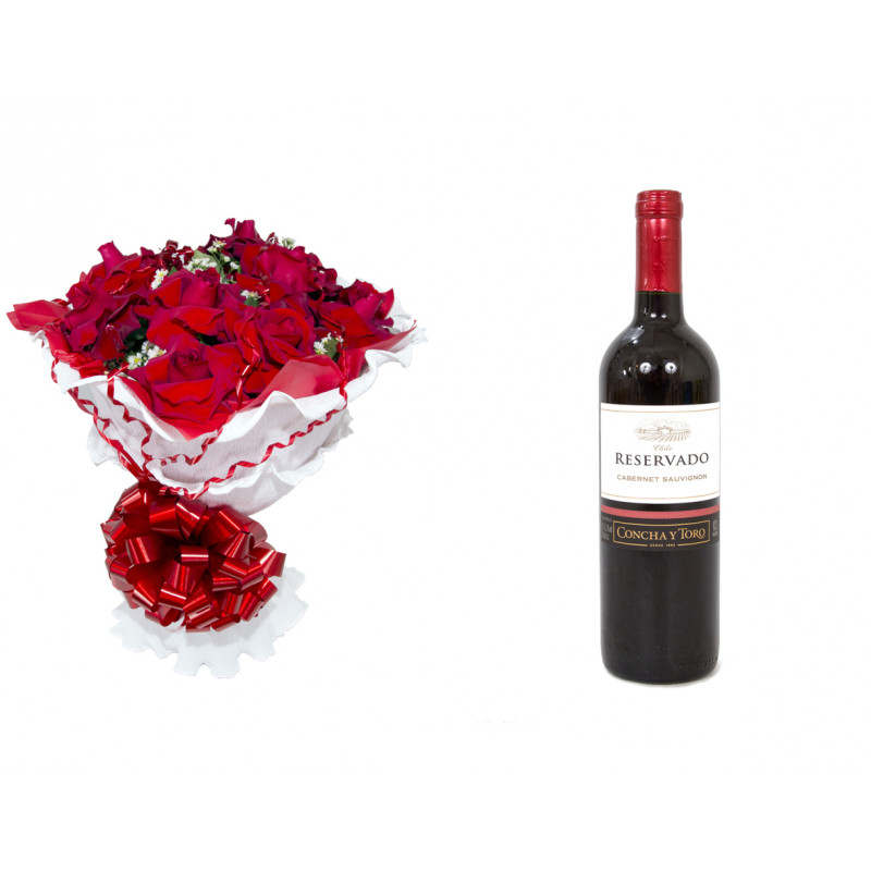 Buquê com 12 Rosas Colombianas e Vinho Concha y Toro | Floresta Flores