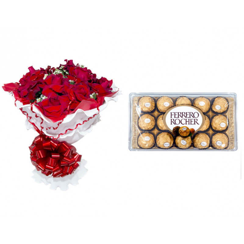 Buquê com 12 Rosas Vermelhas e Ferrero Rocher | Floresta Flores