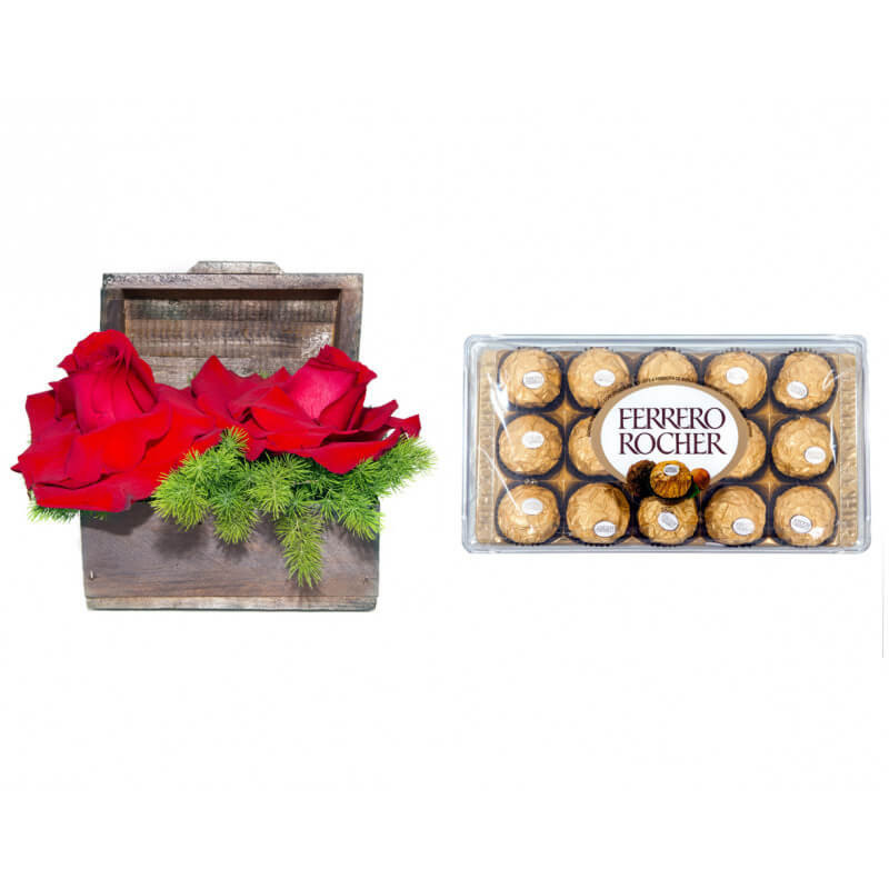 Arranjo com 2 Rosas Vermelhas e Ferrero Rocher | Floresta Flores