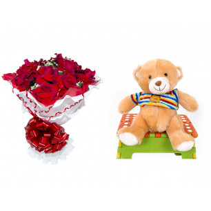 Buquê de Flores Encanto de Colombianas Vermelho + Urso Carinhoso