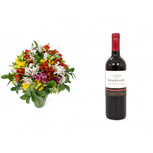 Buquê de Flores Colorido Alegre + Vinho Concha Y Toro