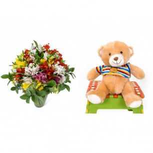 Buquê de Flores Colorido Alegre + Urso Carinhoso
