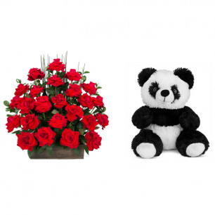 Arranjo de Flores Eu te amo + Urso Panda 25cm