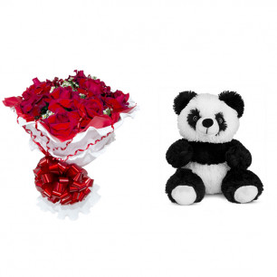 Buquê de Flores Encanto de colombianas vermelhas + Urso Panda 25cm