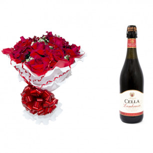 Buquê de Flores Encanto de colombianas vermelhas + Vinho Frisante Cella Lambrusco Tinto 750ml