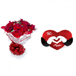 Buquê de Flores Encanto de colombianas vermelhas + Coração Te Amo 40cm