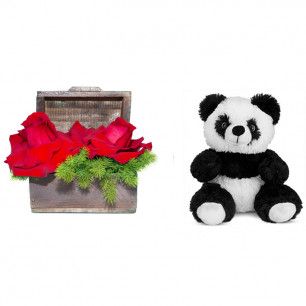 Arranjo de Flores Amor por você + Urso Panda 25cm