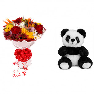 Buquê de Flores Lindo Tropical + Urso Panda 25cm