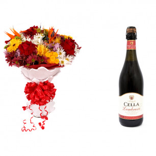 Buquê de Flores Lindo Tropical + Vinho Frisante Cella Lambrusco Tinto 750ml