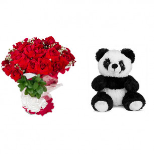 Buquê de Flores Loucura de amor + Urso Panda 25cm