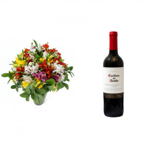 Buquê de Flores Colorido Alegre + Vinho Casillero Del Diablo Reserva Cabernet Sauvignon