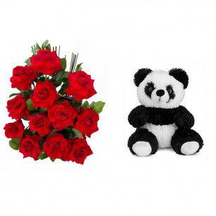 Arranjo de Flores Amor em rosas + Urso Panda 25cm