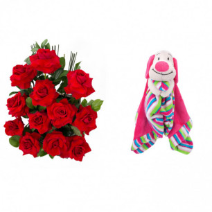 Arranjo de Flores Amor em rosas + Soninho Cachorro 37cm