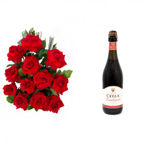 Arranjo de Flores Amor em rosas + Vinho Frisante Cella Lambrusco Tinto 750ml